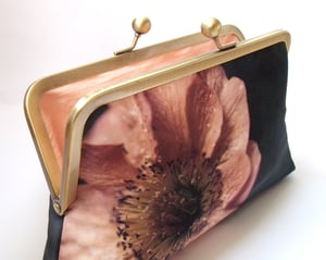 Image of Coral poppy flower, silk clutch purse with optional chain handle