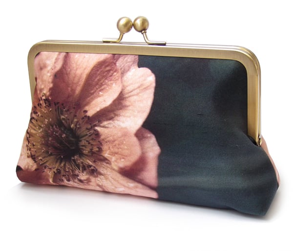 Image of Coral poppy flower, printed silk clutch purse + chain handle