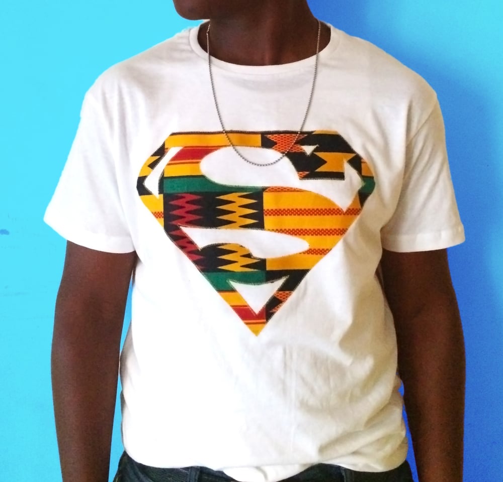 Image of Afro Superman Men's Tee shirt with Kente hand crafted applique