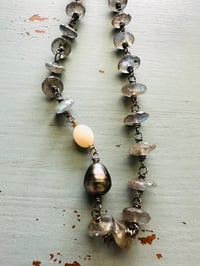 Image 1 of wire wrapped labradorite opal and Tahitian pearl necklace