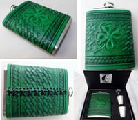Image 1 of Custom hand tooled leather covered flask. Your image/design or idea.