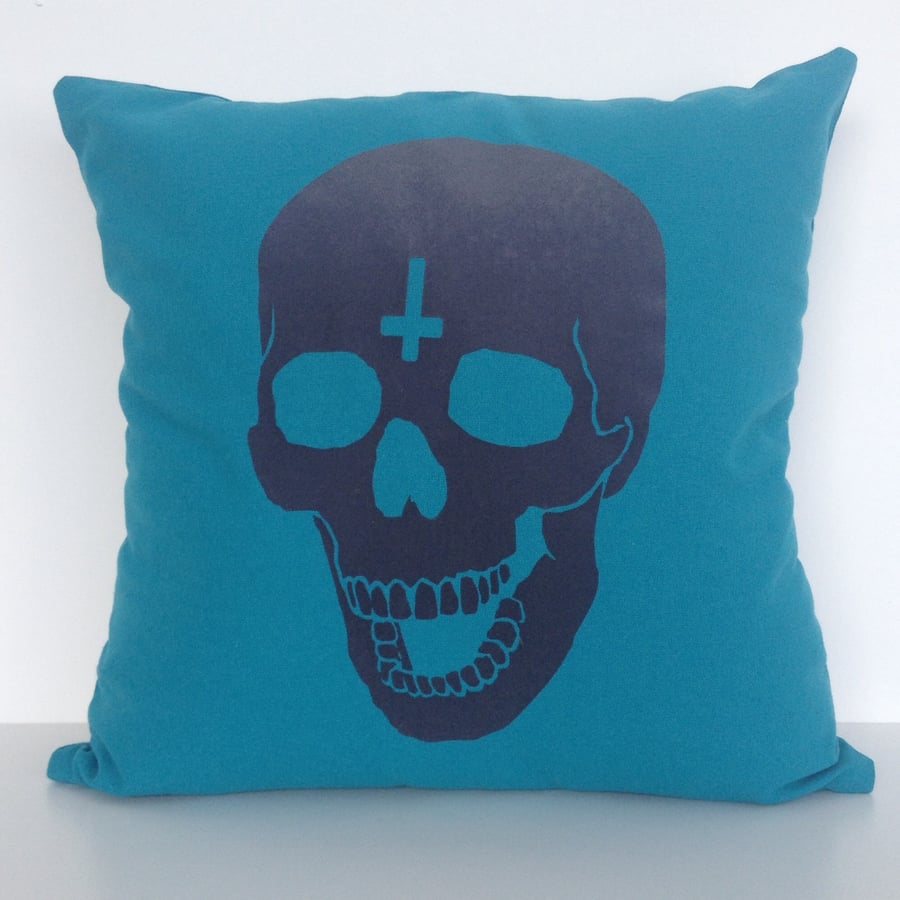Image of 'Sacred Cross Skull' Cushion - Turquoise Blue  