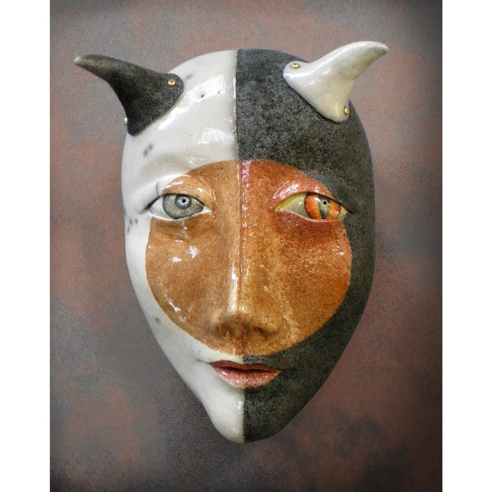 Image of Attraction of Opposites - Raku Mask Sculpture, Stoneware Wall Art, Original Mask Art