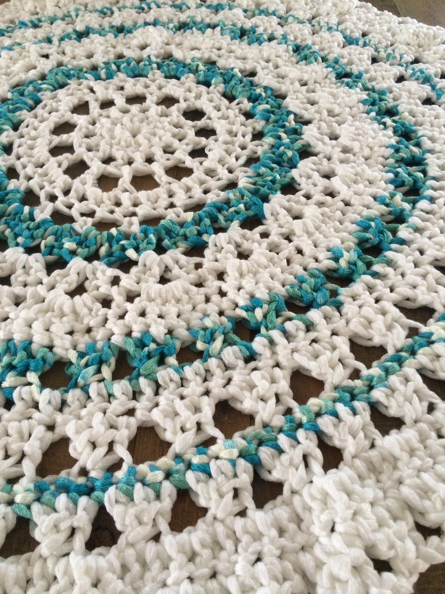 Image of Teal and White Crochet Doily Rug