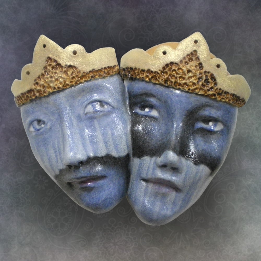 Two Blue - Mask Sculpture, Porcelain Face Pendant, Original Mask Art