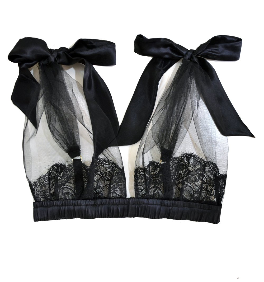 La Lilouche  BELLE Black Grecian Tulle Bra & silk Bow ties