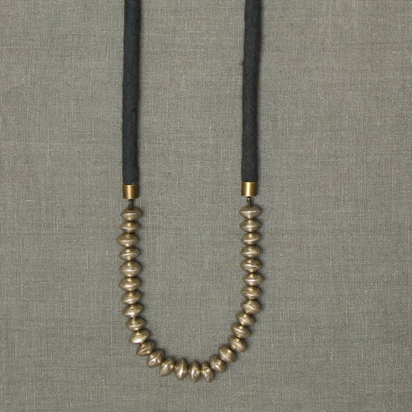 Image of necklace no. 15<br><br>dark grey cord with contemporary metal beads