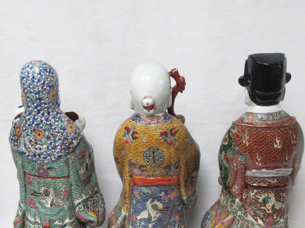 RARE ANTIQUE SET OF THE 3 CHINESE IMMORTAL GODS FU LU SHOU, PORCELAIN