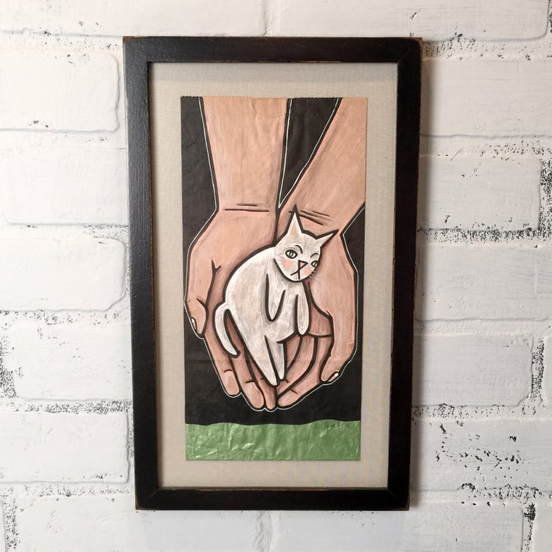 Image of "THE WORLD'S TINIEST FAT CAT" ONE OF A KIND FRAMED LUNCH BAG ART 