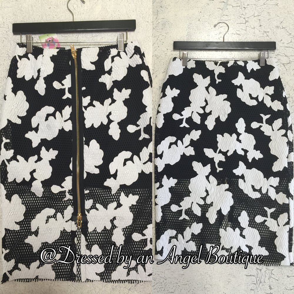 Image of Caged Black & White Floral Printed Skirt