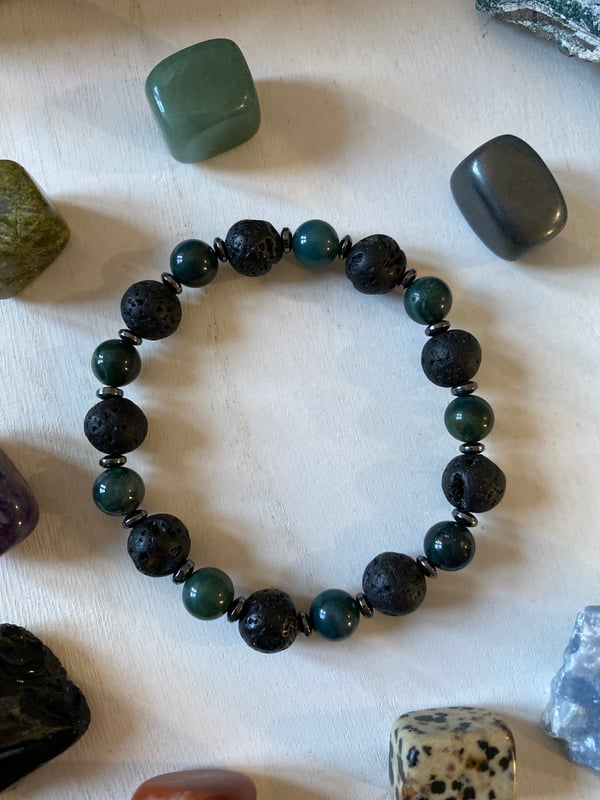 Image of 8/10mm Lava Stone & Moss Agate Bracelet with Hematite 