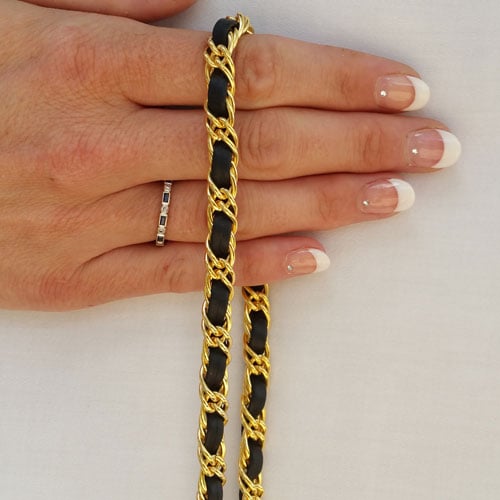 Image of Petite GOLD Chain Strap with Leather Weaved Through - Double Curb Chain - Choice of Length & Hooks