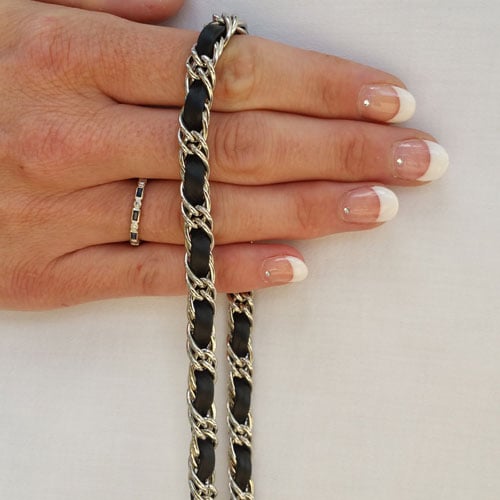 Image of Petite NICKEL Chain Strap with Leather Weaved Through - Double Curb Chain - Choice of Length & Hooks