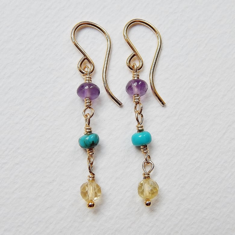 Image of Amethyst, Turquoise and Citrine Earrings in Gold Fill