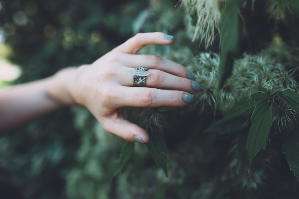 Image of quartz and crushed pyrite brass ring 