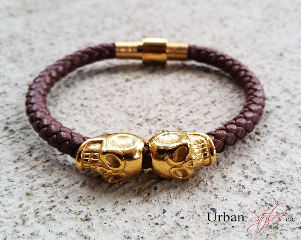 Image of Gold Twin Skulls | Brown Leather