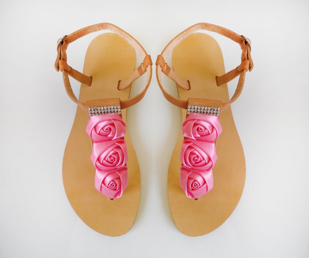 Image of Handmade Sandals, decorated with Bright Pink ribbon roses and rhinestones.