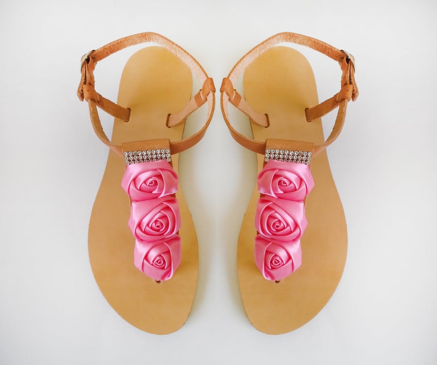 Image of Handmade Sandals, decorated with Bright Pink ribbon roses and rhinestones.