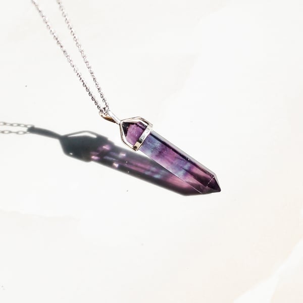 Image of Rainbow Fluorite point silver cap necklace