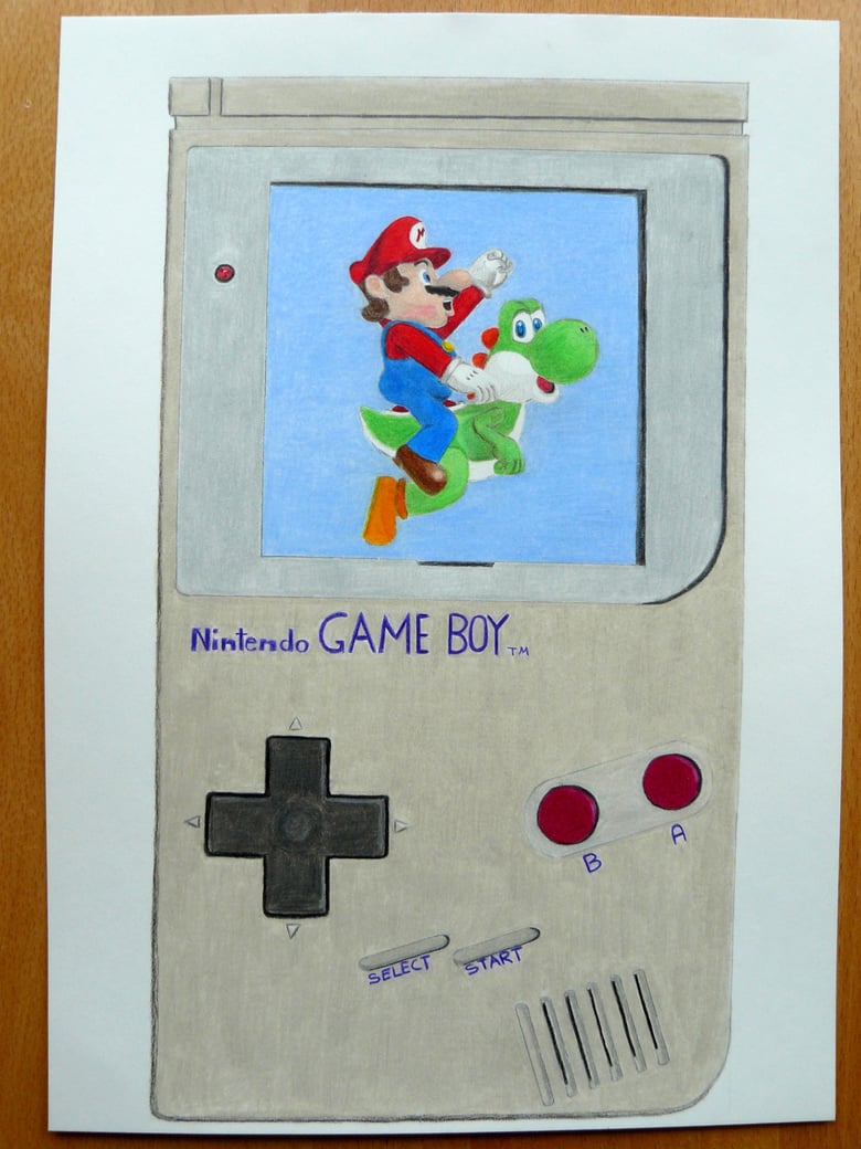 Image of Original drawing of old gameboy meeting new Super Mario