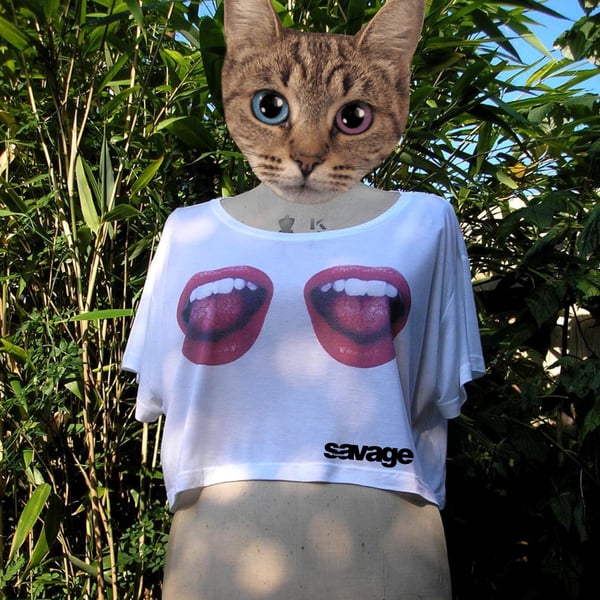 Image of Mouth Print Oversized Crop Tee Shirt One Size 10 - 14