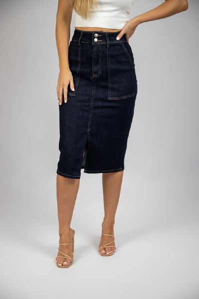 Image of Patched Pocket Midi Skirt. Dark Denim. By Country Denim.