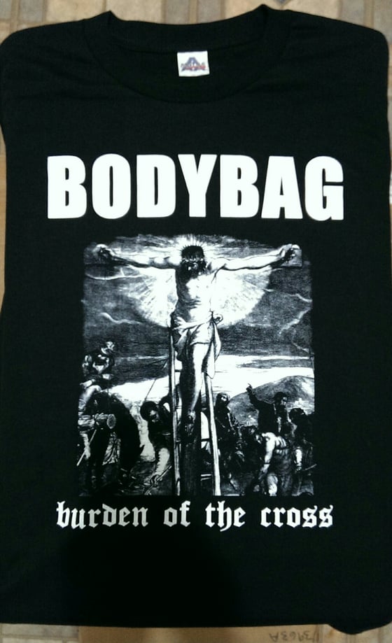 Image of burden of the cross shirt (white on black)