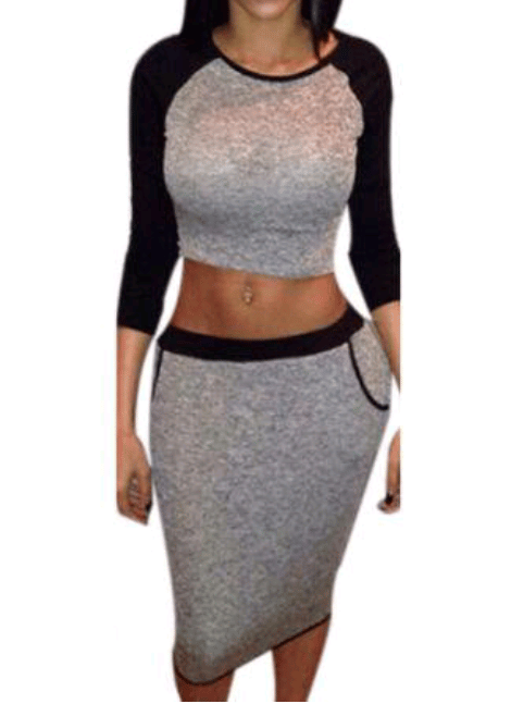 Image of CASUAL GREY THREE QUARTER SLEEVE CROP TOP/BODYCON SKIRT