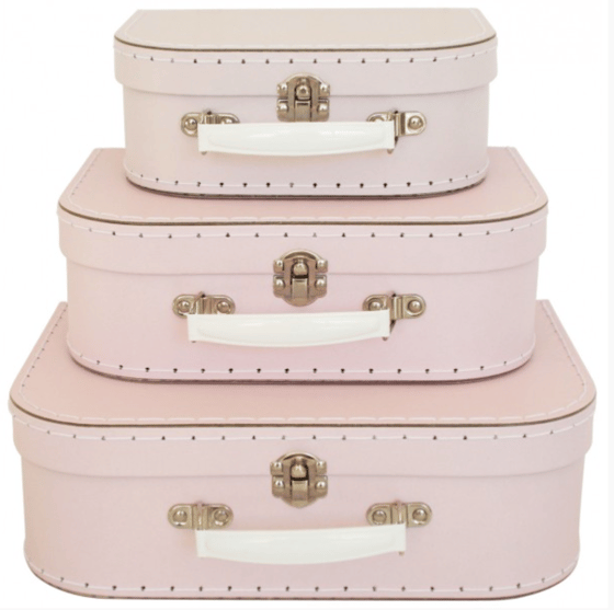 Image of Set of three Pink with white handle suitcases