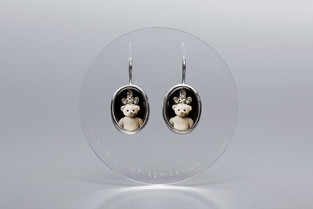 Image of "Worthy of admiration" teddy-bears silver earrings with photo, rock crystal  · DIGNUS ADORARI ·