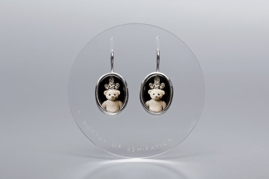 Image of "Worthy of admiration" teddy-bears silver earrings with photo, rock crystal  · DIGNUS ADORARI ·