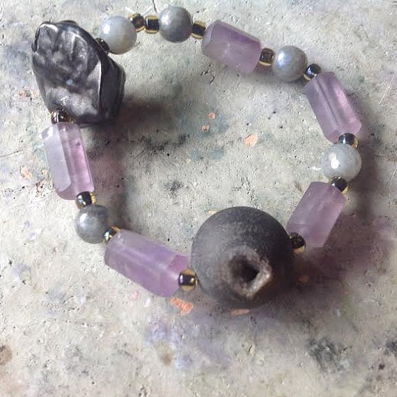 Image of ILLUMINATE/ BUGLE AMETHYST/ LABRADORITE/ GEODE BRACELET & EARRINGS SET/RUTILATED QUARTZ/PYRITE