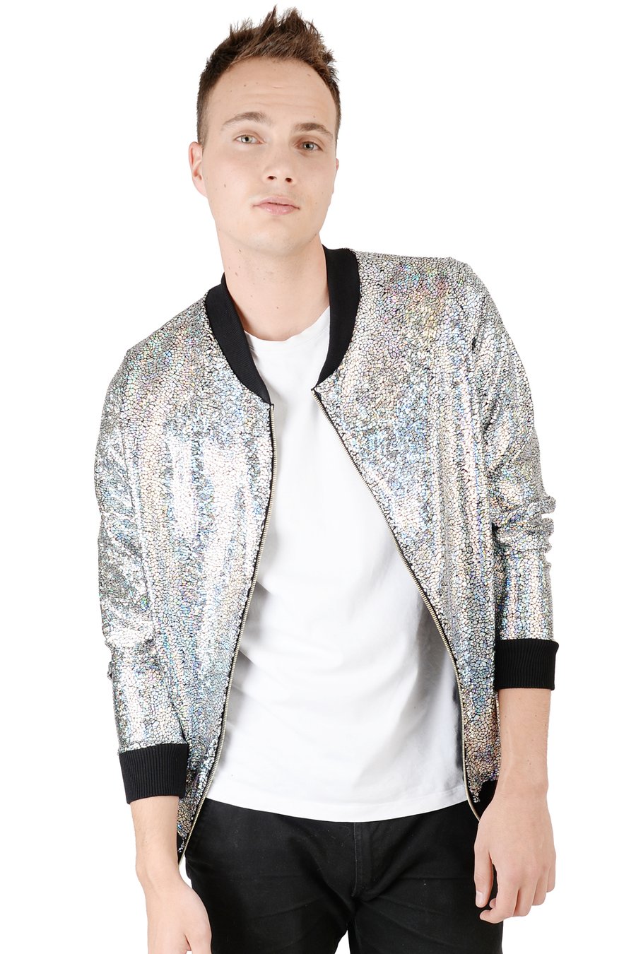 Image of Mens Silver Disco Bomber Jacket