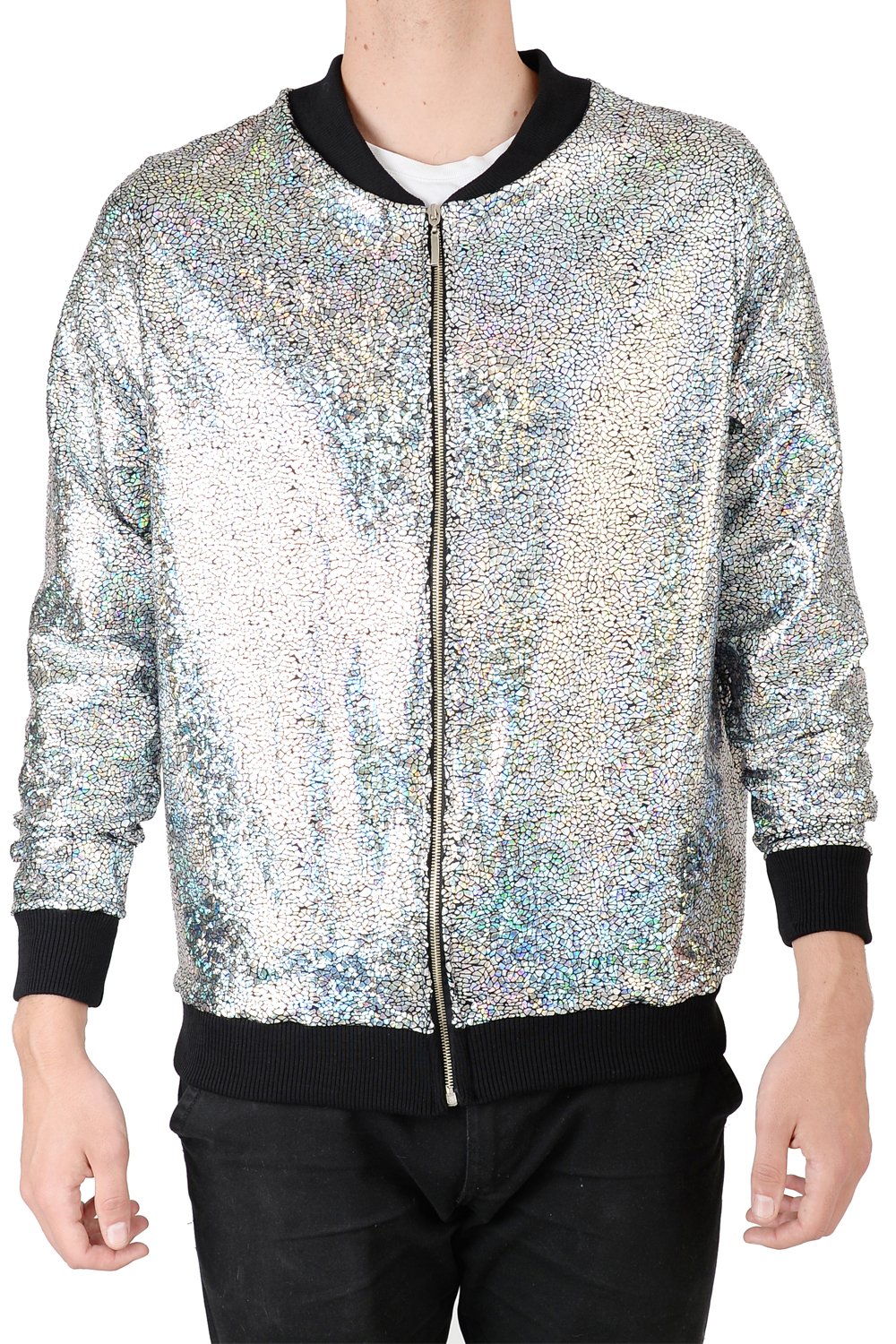 Tirade 13 — Mens Silver Disco Bomber Jacket