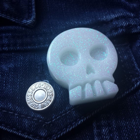 Image of Handmade Glitter Skull Lapel Pin Silver