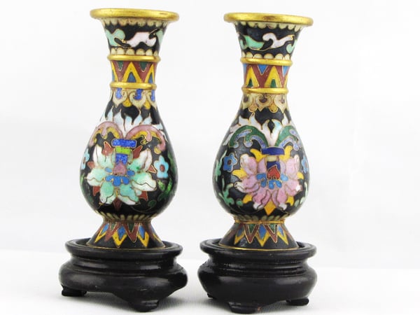Image of PAIR OF VINTAGE CHINESE CLOISONNE FLOWER VASES WITH GOLD TRIM