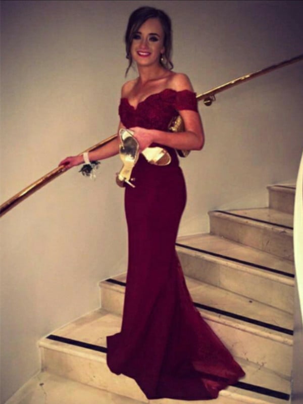 Image of Custom Made Sweetheart Neck Off Shoulder Burgundy Lace Prom Dress, Bridesmaid Dress, Formal Dress