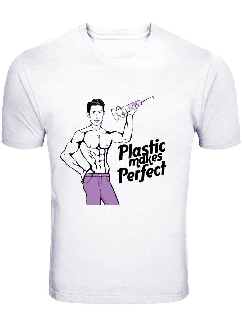Image of OFFICIAL JUSTIN JEDLICA CARICATURE “PLASTIC MAKES PERFECT” T-SHIRT