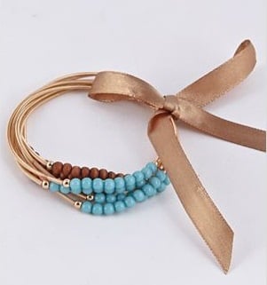 Image of Beaded Gold Tone/Turquoise Color/Wood Stretch Bracelet Set 