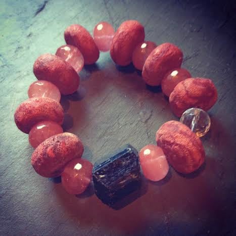 Image of Raw Tourmaline and Raw Coral with Agate and Crystal Amplifying Quartz Bracelet