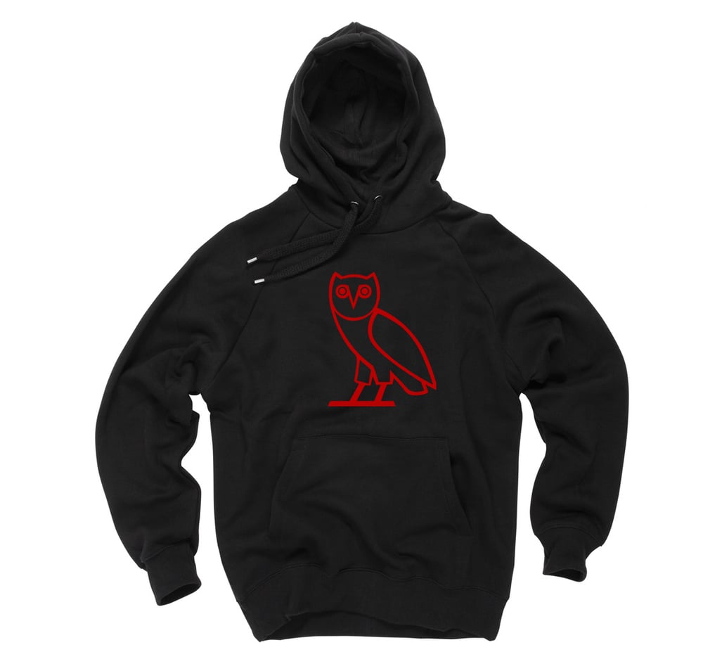 Image of Red printed O.V.O log on black pull over hoody for men women kids