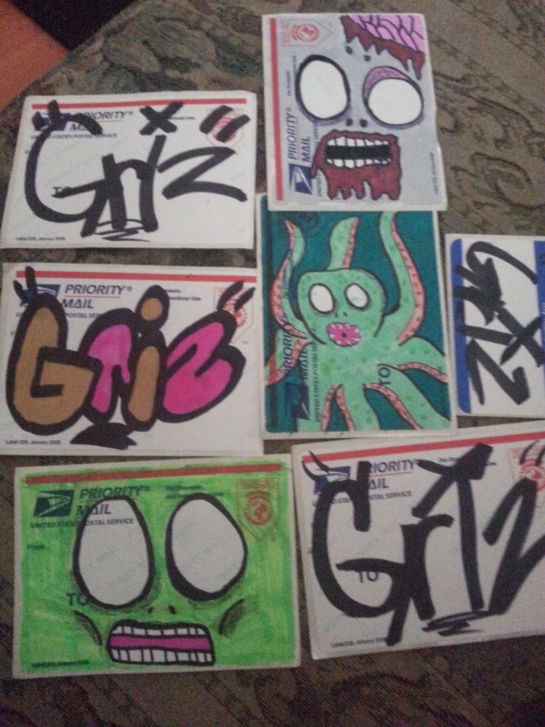 Image of Set of Random Hand Drawn Stickers on Postage tags