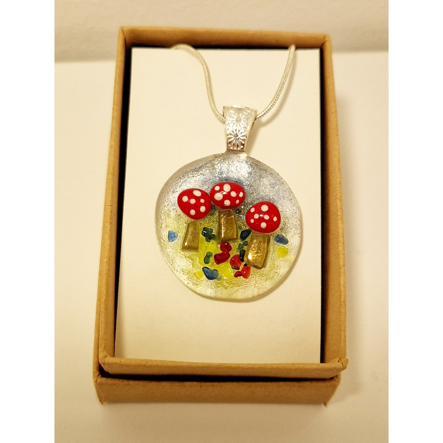 Image of Fused Glass Round Toadstool Pendant. 