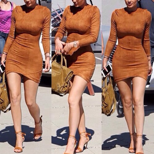 Image of Brown Faux Suede Bodycon Dress