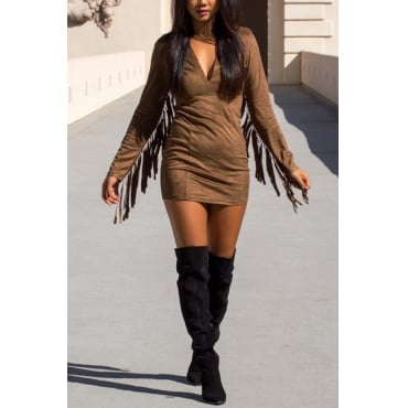 Image of Brown Faux Suede Tassel Mini Dress