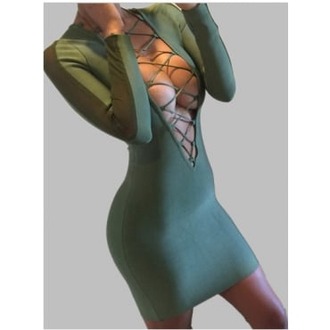 Image of Green Lace Up Bodycon Dress