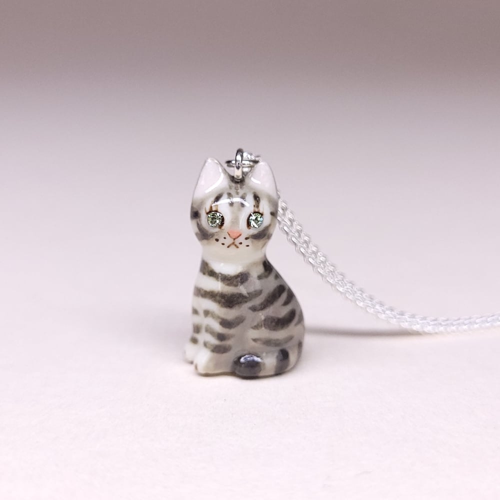 Image of Grey Tabby Porcelain & Sterling Silver Sitting Kitten Pendant