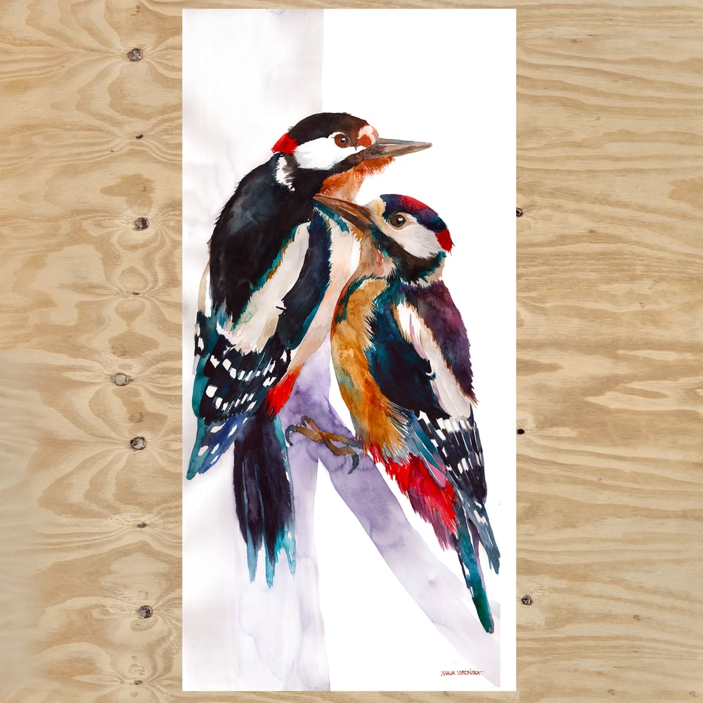 Image of Woodpeckers - original watercolor painting