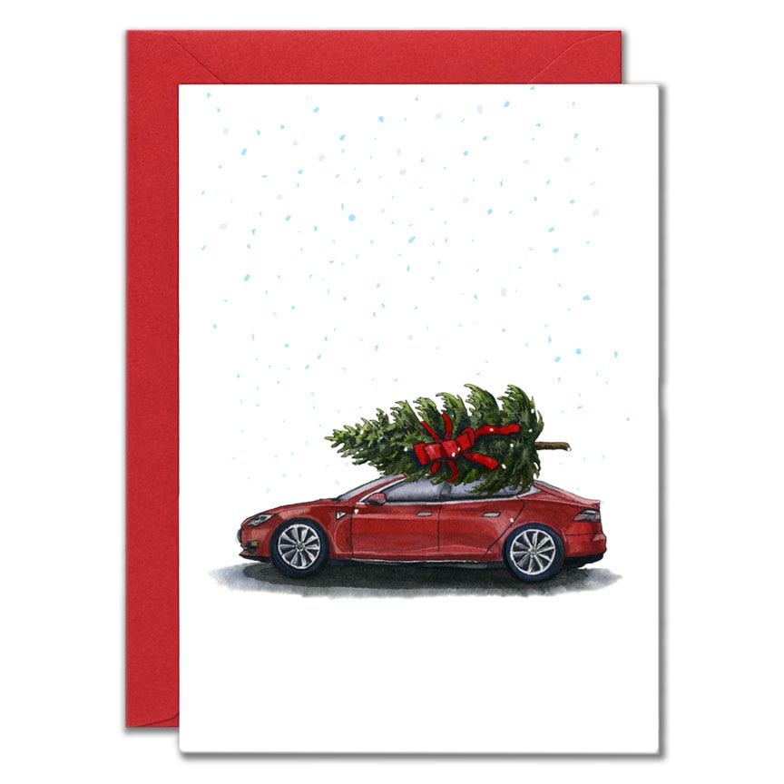 Image of Tesla with Pine Tree on Roof