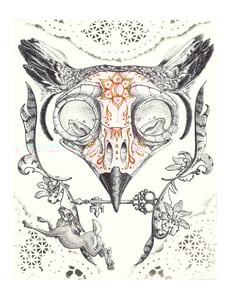 Image of Sugar Skull Owl ~ pigment ink and watercolour on Arches
